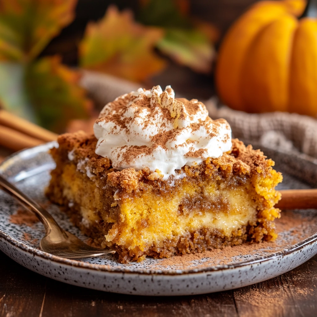 A freshly baked Pumpkin Dump Cake in a rustic dish with a golden, crispy topping, served with a dollop of whipped cream and sprinkled with cinnamon, surrounded by fall decorations like pumpkins and autumn leaves.