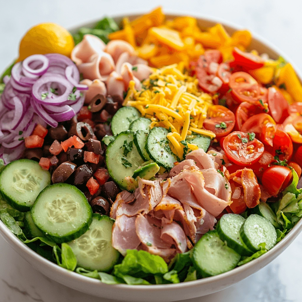 A vibrant Sub in a Tub served in a glass bowl with fresh lettuce, sliced cucumbers, cherry tomatoes, red onions, bell peppers, black olives, rolled deli meats (turkey, ham, salami), shredded cheddar cheese, sliced avocado, and a drizzle of creamy ranch dressing, garnished with a lemon wedge and fresh parsley.