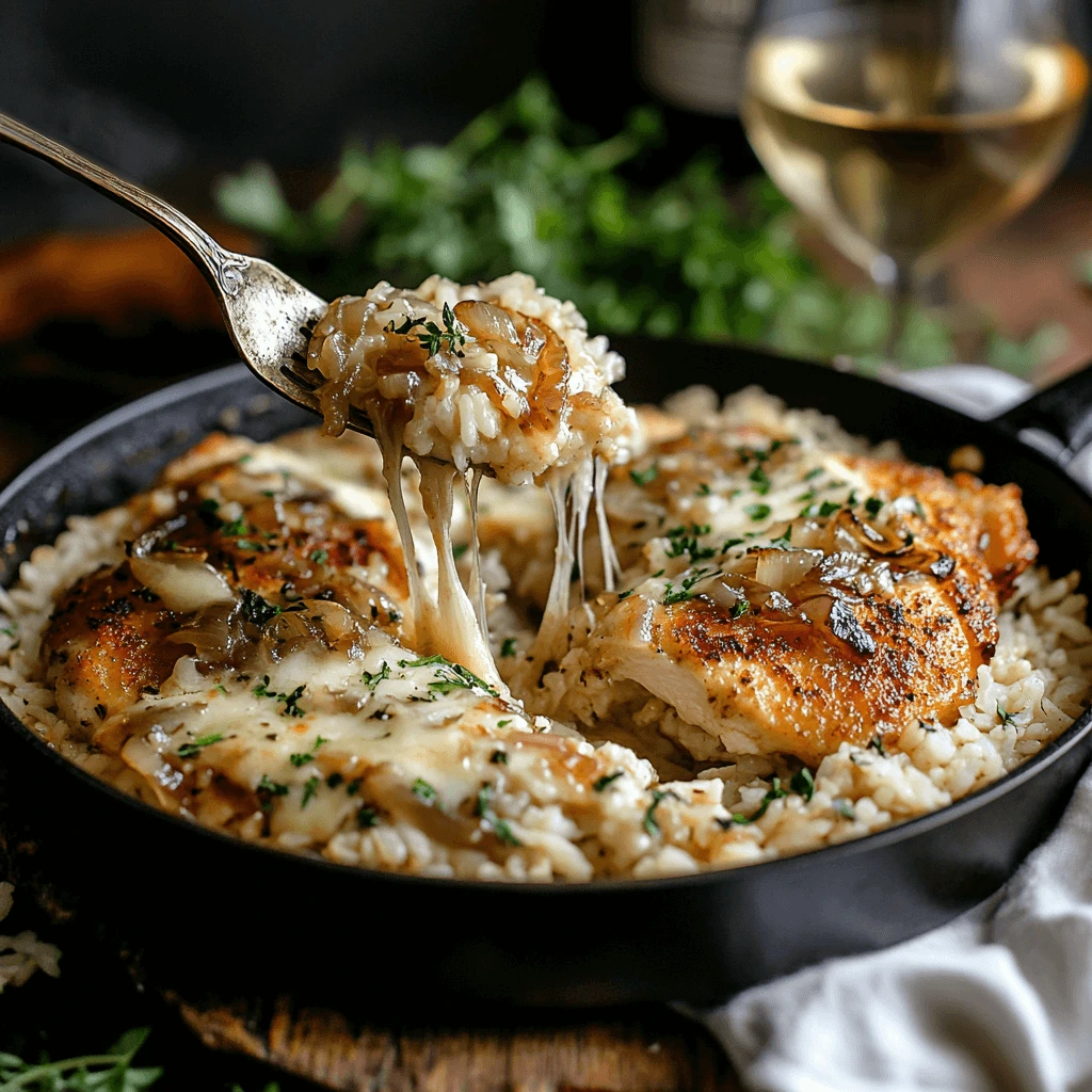 Cheesy French Onion Chicken and Rice in a skillet with golden caramelized onions
