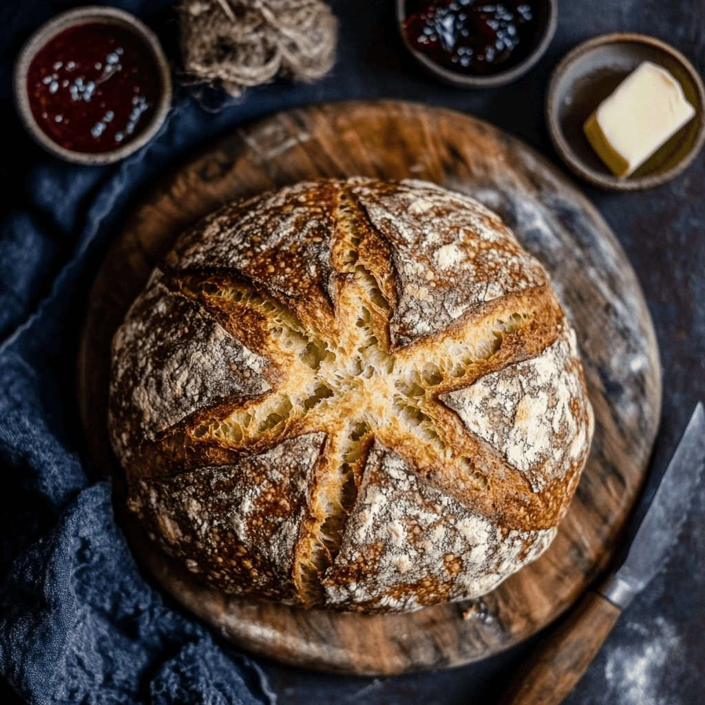 Traditional Irish soda bread with a golden, rustic crust on a wooden table.
