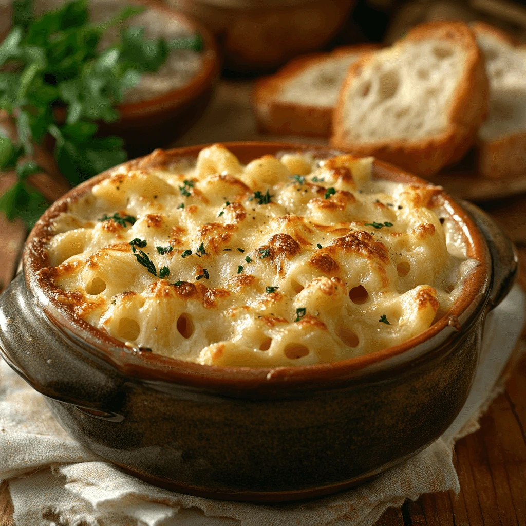 Bowl of Tini’s Mac and Cheese topped with melted cheese and fresh parsley on a wooden table.